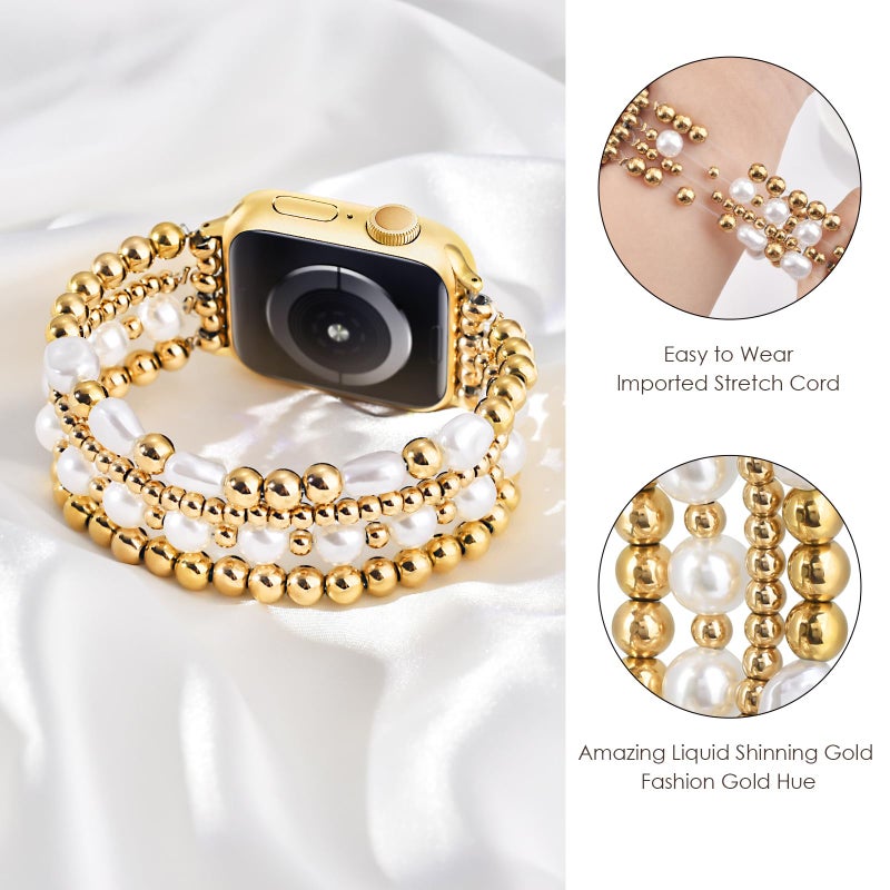 AIRSPO Gold Beaded Bracelets Compatible for Apple Watch Band 38mm 40mm 41mm 42mm 44mm 45mm Women, Fashion Handmade Dressy iPhone Watch Bands Elastic Strap for iWatch Series SE 8 7 6 5 4 3 2 1 (Gold, 38mm/40mm/41mm-S(5.3"-6.2")) - Image 2