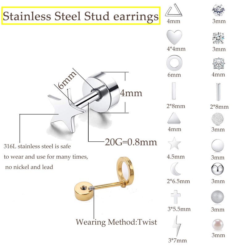 Staligue Flat Back Earrings Hypoallergenic,18 Pairs Stainless Steel Flat Back Stud Earrings for Women Men 20G Star Moon Heart Disc Ball CZ Cartilage Earrings Screw Back Flatback Earrings for Sensitive Ears - Image 3