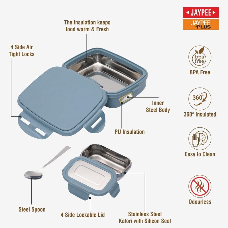 JAYPEE Stainless Steel Insulated Lunch Box Wavesteel Jr Peacock Plum 500 ml Airtight Tiffin Box for School Kids Spillproof with Silicon Seal Food Grade BPA Free - Image 2