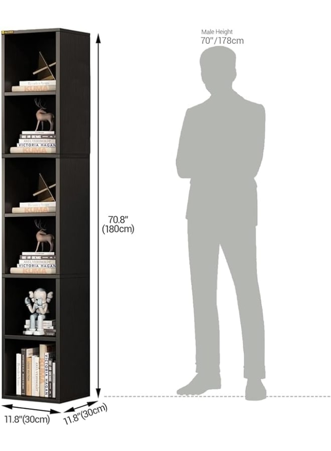 مودرن هوم رف كتب طويل وضيق، خزانة كتب خشبية زاوية بستة أرفف، منظم تخزين عصري على شكل مكعبات رفيعة، مناسب لغرفة النوم أو المكتبة أو غرفة المعيشة أو المكتب المنزلي (أسود) - Image 2