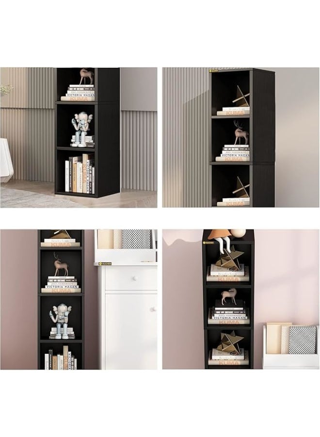 مودرن هوم رف كتب طويل وضيق، خزانة كتب خشبية زاوية بستة أرفف، منظم تخزين عصري على شكل مكعبات رفيعة، مناسب لغرفة النوم أو المكتبة أو غرفة المعيشة أو المكتب المنزلي (أسود) - Image 3