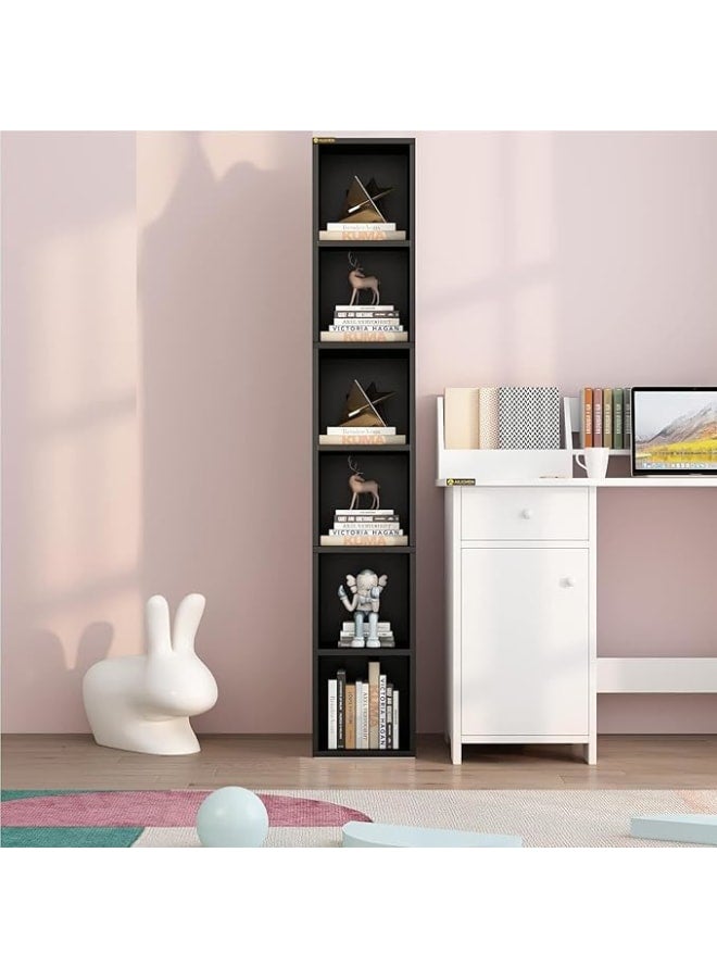 مودرن هوم رف كتب طويل وضيق، خزانة كتب خشبية زاوية بستة أرفف، منظم تخزين عصري على شكل مكعبات رفيعة، مناسب لغرفة النوم أو المكتبة أو غرفة المعيشة أو المكتب المنزلي (أسود) - Image 1