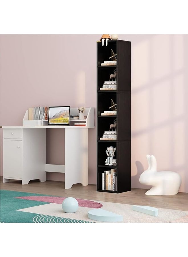 مودرن هوم رف كتب طويل وضيق، خزانة كتب خشبية زاوية بستة أرفف، منظم تخزين عصري على شكل مكعبات رفيعة، مناسب لغرفة النوم أو المكتبة أو غرفة المعيشة أو المكتب المنزلي (أسود) - Image 5