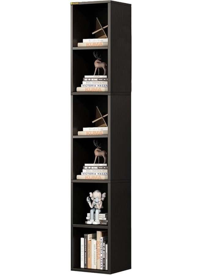 مودرن هوم رف كتب طويل وضيق، خزانة كتب خشبية زاوية بستة أرفف، منظم تخزين عصري على شكل مكعبات رفيعة، مناسب لغرفة النوم أو المكتبة أو غرفة المعيشة أو المكتب المنزلي (أسود) - Image 4