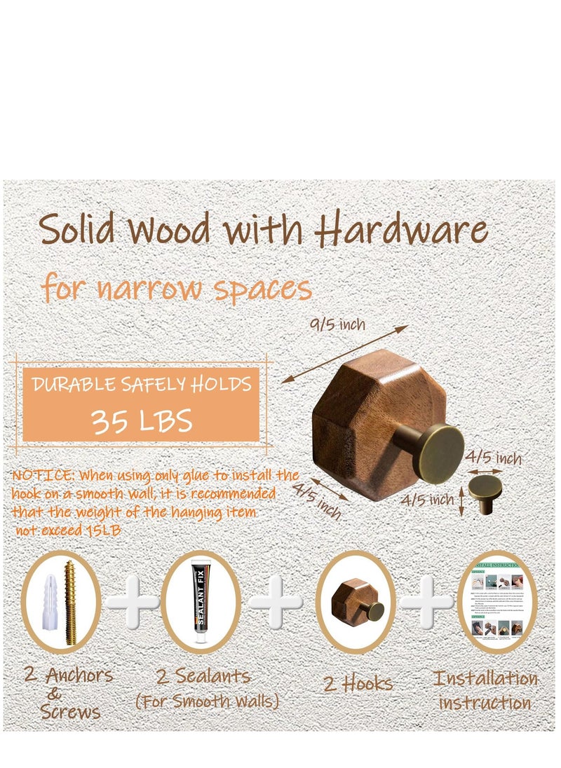 KASTWAVE Decorative Wooden Wall Adhesive Hooks Heavy Duty and Small Black Walnut Wood Farmhouse Coat Hook Wall Mounted with Glue & Nails for Hanging Clothes, Purse,Key, Hat  - Image 3