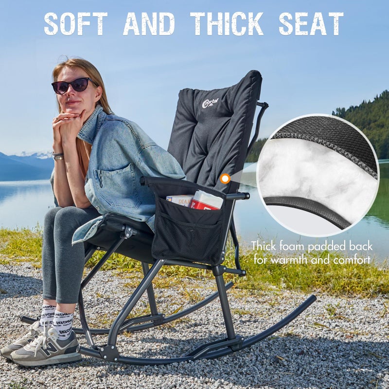 Portal Folding Rocking Camping Chair Outdoor, Thick Padded Rocking Recliner Chair Portable Camping Rocker for Patio Front Porch Backyard Lawn Living Room, Supports 400 LBS, Black - Image 3