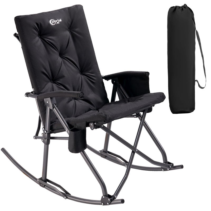 Portal Folding Rocking Camping Chair Outdoor, Thick Padded Rocking Recliner Chair Portable Camping Rocker for Patio Front Porch Backyard Lawn Living Room, Supports 400 LBS, Black - Image 1