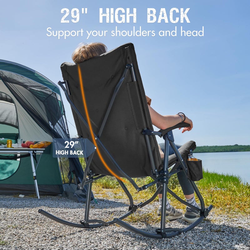Portal Folding Rocking Camping Chair Outdoor, Thick Padded Rocking Recliner Chair Portable Camping Rocker for Patio Front Porch Backyard Lawn Living Room, Supports 400 LBS, Black - Image 5