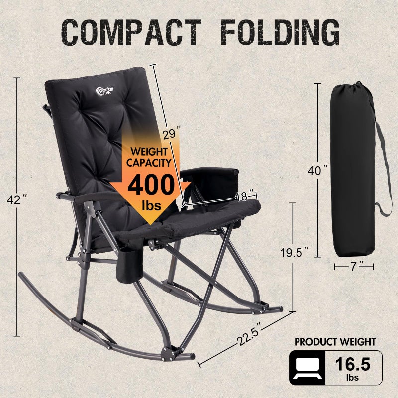 Portal Folding Rocking Camping Chair Outdoor, Thick Padded Rocking Recliner Chair Portable Camping Rocker for Patio Front Porch Backyard Lawn Living Room, Supports 400 LBS, Black - Image 4