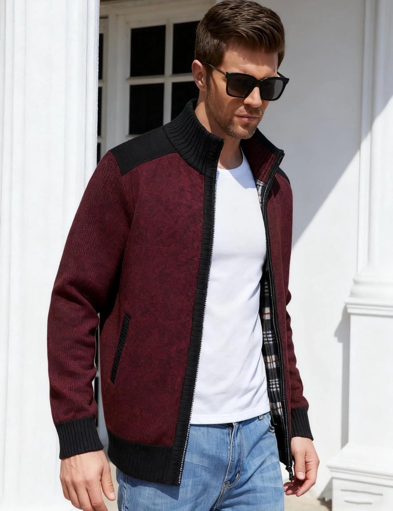 Yeokou Men's Casual Slim Full Zip Thick Knitted Cardigan Sweaters with Pockets (Medium, Z-12-Wine Red) - Image 2