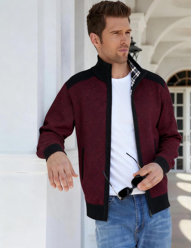 Yeokou Men's Casual Slim Full Zip Thick Knitted Cardigan Sweaters with Pockets (Medium, Z-12-Wine Red) - Image 3