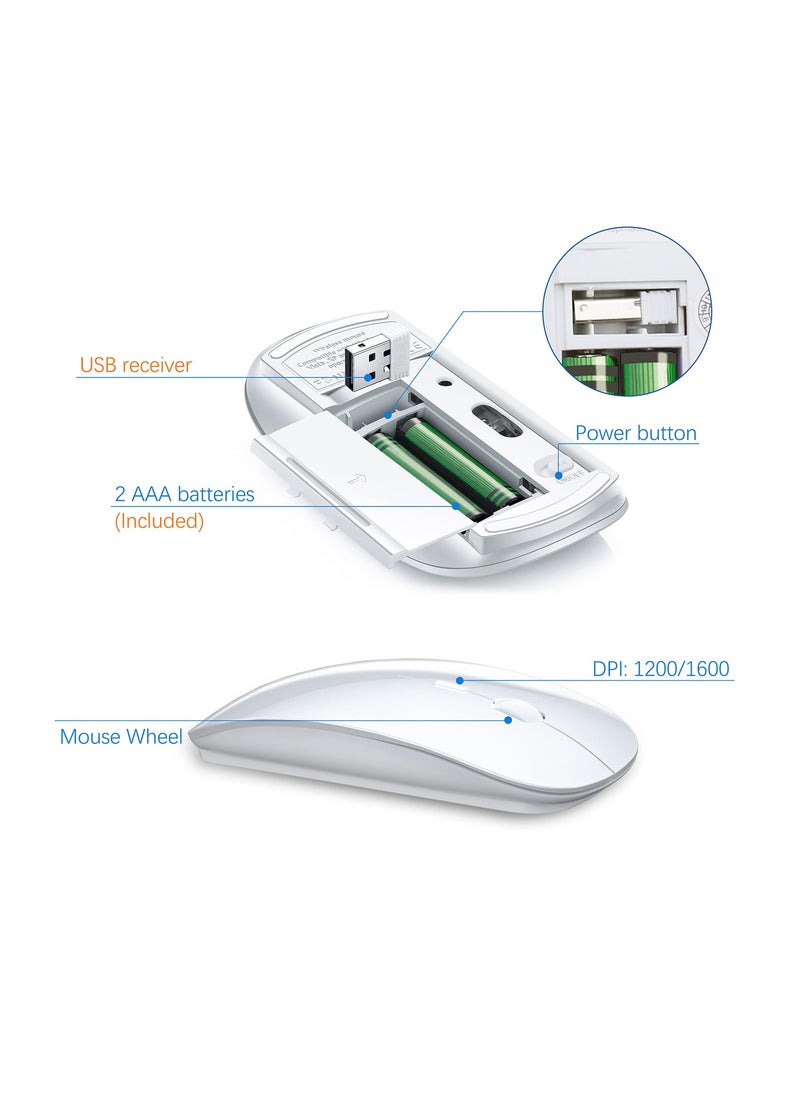 erorex - Wireless Keyboard and Mouse Ultra Slim Combo, 2.4G Silent Compact USB Mouse and Scissor Switch Keyboard Set with Cover, 2 AA and 2 AAA Batteries, for PC/Laptop/Windows/Mac - White - Image 1
