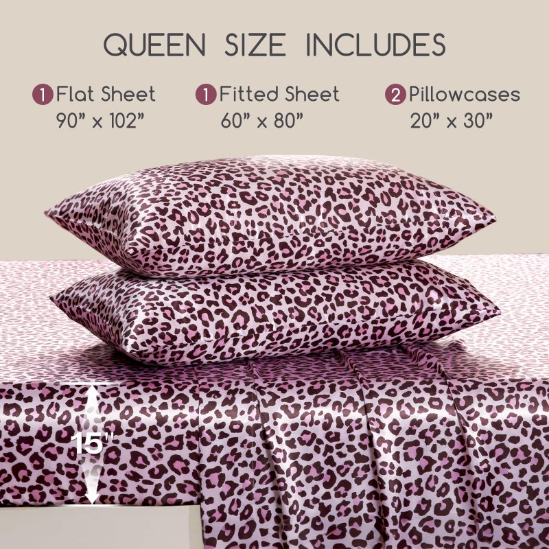 MR&HM Satin Bed Sheets with Elastic Corner Straps, Queen Size Sheets Set, 4 Pcs Silky Bedding Set with 15 Inches Deep Pocket for Mattress (Queen, Pink Leopard) - Image 2