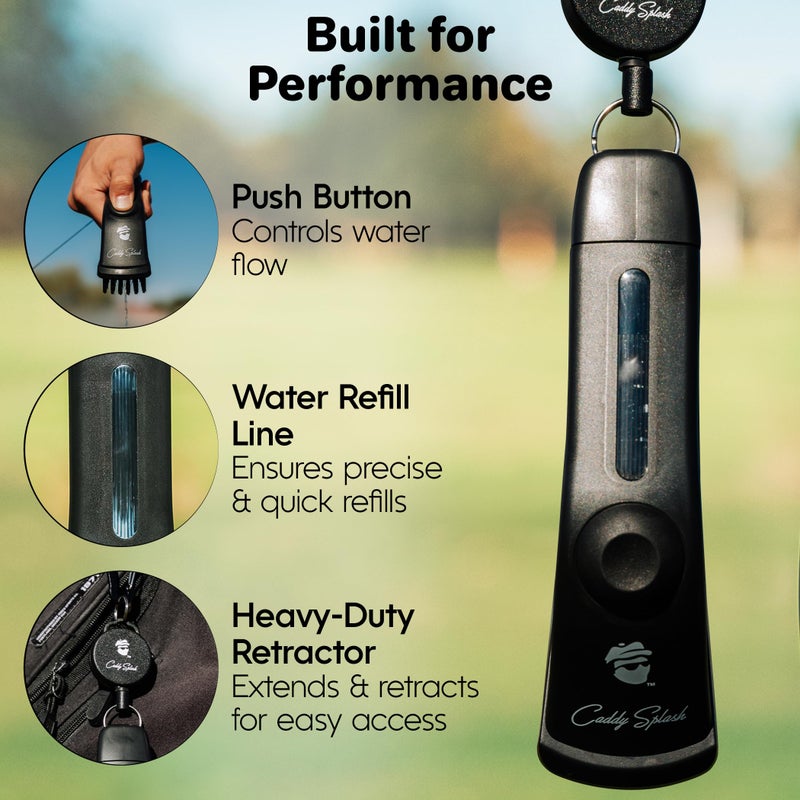 Caddy Splash Golf Club Brush Pro with Water- Heavy Duty Retractable Clip- Push Button for Easy Cleaning- Nylon Bristles- Holds 4 Oz- Golf Accessories for Men- Best Golf Gift - USA Company (Black) - Image 3