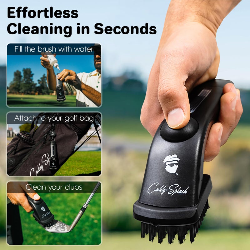 Caddy Splash Golf Club Brush Pro with Water- Heavy Duty Retractable Clip- Push Button for Easy Cleaning- Nylon Bristles- Holds 4 Oz- Golf Accessories for Men- Best Golf Gift - USA Company (Black) - Image 2