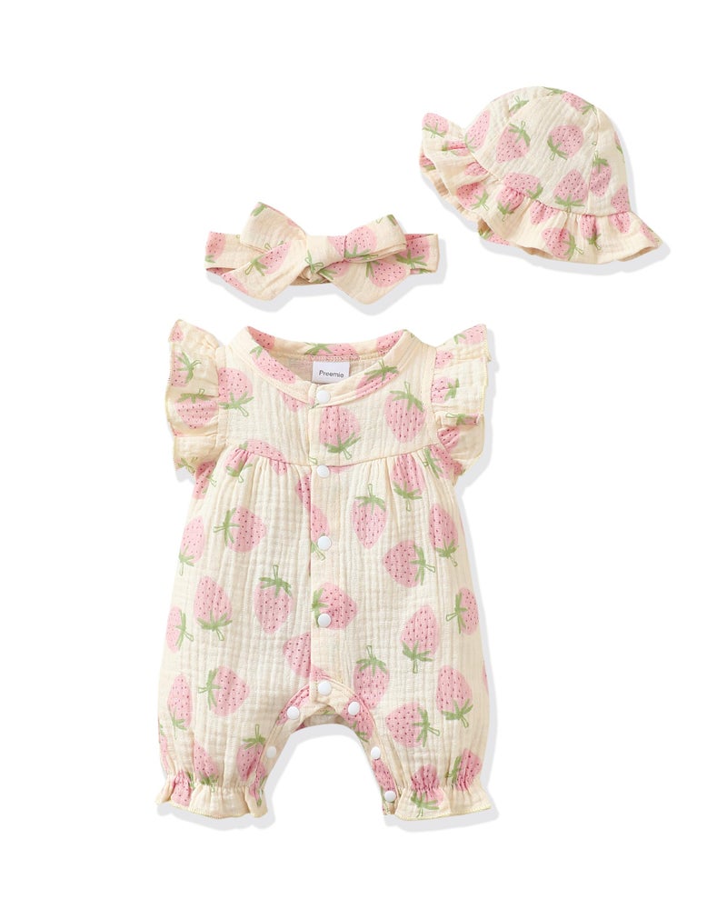 Renotemy Baby Girl Newborn Clothes Infant Summer Outfits Bubble Romper Cotton Linen Strawberry Sleeveless Bodysuit Jumpsuit with Hat&Headband Baby Shower Gifts Coming Home Outfit for 0-3 Months Girls - Image 1