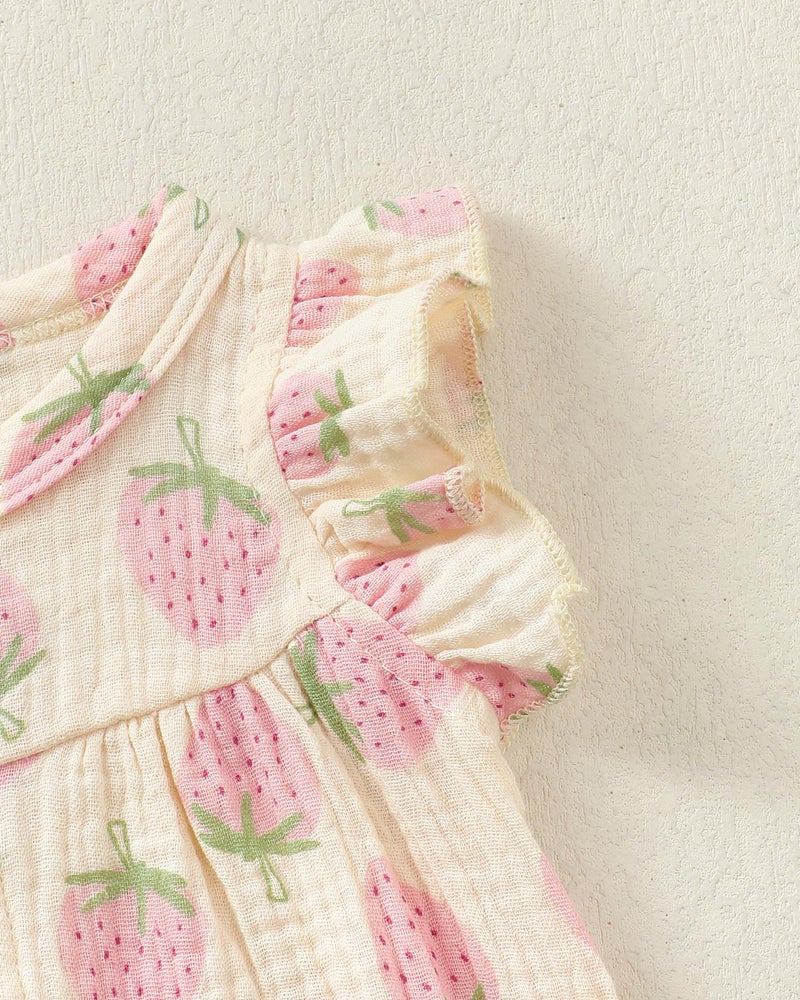Renotemy Baby Girl Newborn Clothes Infant Summer Outfits Bubble Romper Cotton Linen Strawberry Sleeveless Bodysuit Jumpsuit with Hat&Headband Baby Shower Gifts Coming Home Outfit for 0-3 Months Girls - Image 4