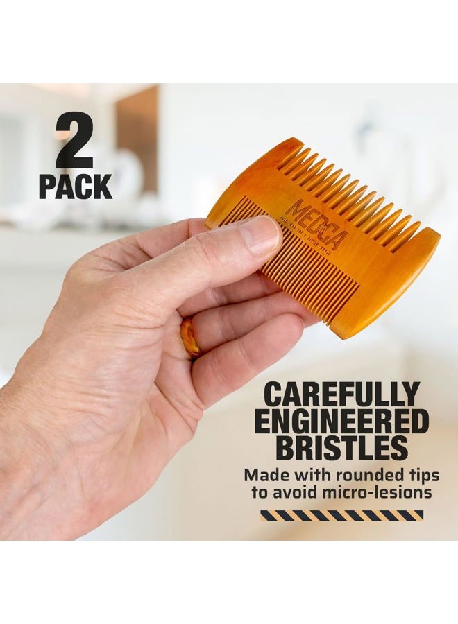 MEDca Wooden Beard Comb for Men - Pack of 2, Handcrafted Solid Beechwood Beard Combs, Mustache and Head Hair Pocket Comb with Leather Case - Dual Action Fine & Coarse Teeth - Image 2