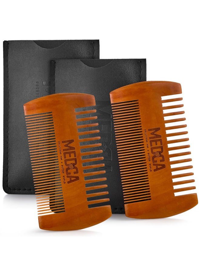 MEDca Wooden Beard Comb for Men - Pack of 2, Handcrafted Solid Beechwood Beard Combs, Mustache and Head Hair Pocket Comb with Leather Case - Dual Action Fine & Coarse Teeth - Image 1