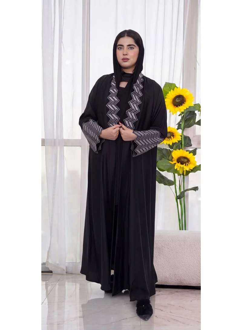 Fashion Line Elegant Open-Front Black Abaya with Chevron Embroidered Borders and Cuffs