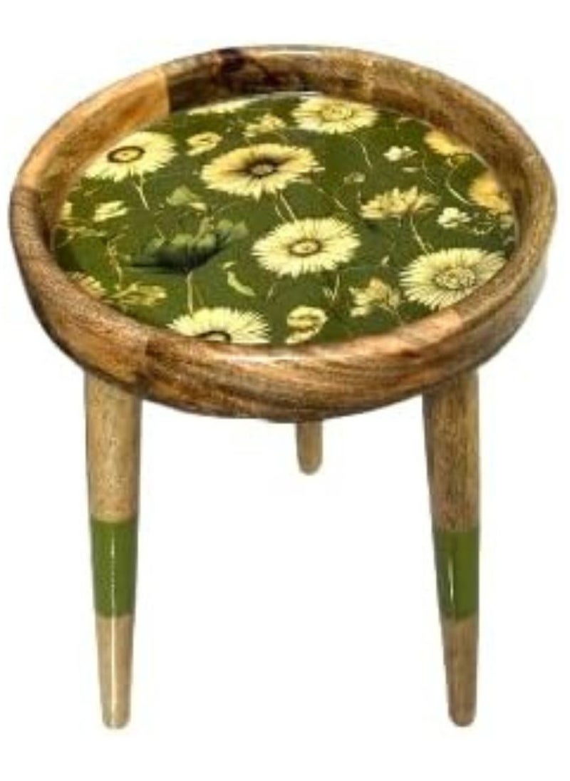 Generic Acewood round side/end Table/Wooden handmade Three Legs Corner Table/Natural Wood Multicolor Resin Stool/Sunflower design (Height 47cm and TOP 30cm).  - Image 1