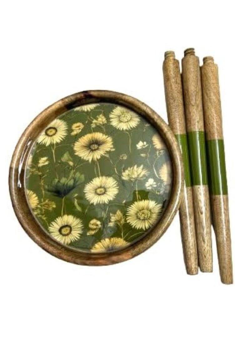 Generic Acewood round side/end Table/Wooden handmade Three Legs Corner Table/Natural Wood Multicolor Resin Stool/Sunflower design (Height 47cm and TOP 30cm).  - Image 3