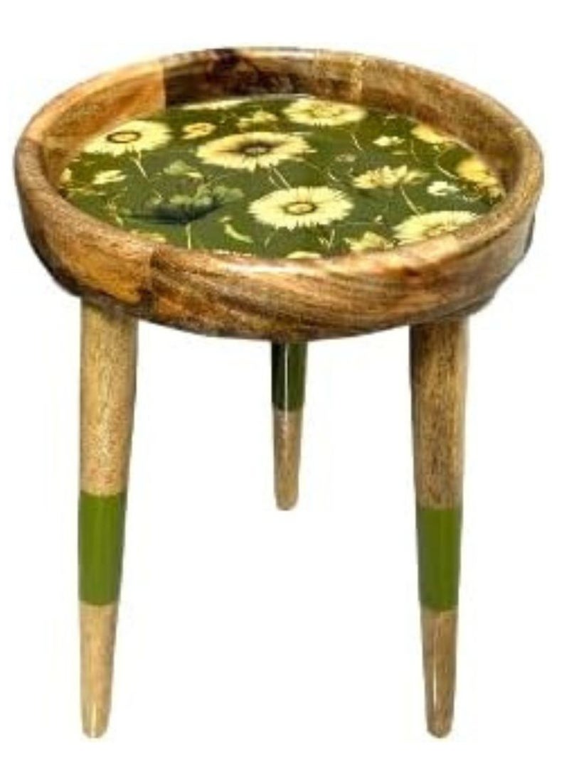 Generic Acewood round side/end Table/Wooden handmade Three Legs Corner Table/Natural Wood Multicolor Resin Stool/Sunflower design (Height 47cm and TOP 30cm).  - Image 2