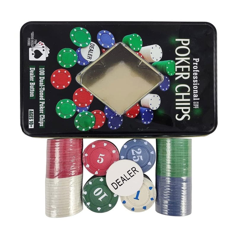 Gambit Goods طقم ألعاب البوكر العائلي الفاخر 100 قطعة مع صندوق، زر الموزع - رموز ملونة بأسلوب كازينو متميز للبالغين - مثالي للألعاب المتعددة الكلاسيكية - Image 5