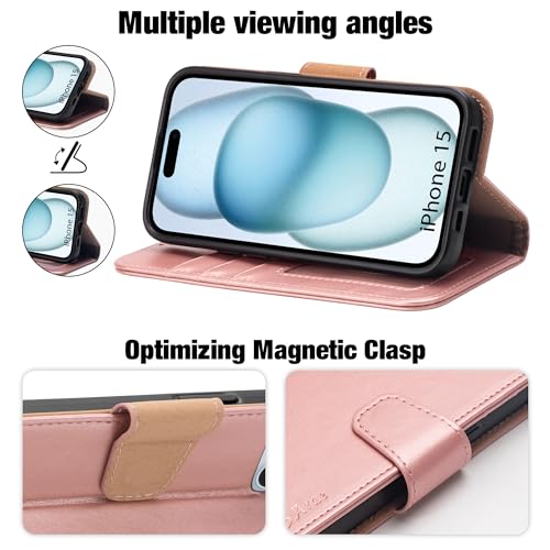 Arae Compatible with iPhone 15 Case with Card Holder and Wrist Strap Wallet Flip Cover for iPhone 15 6.1 inch,Rose Gold - Image 3