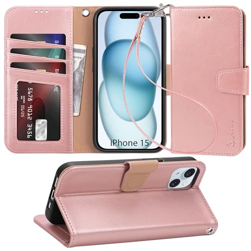 Arae Compatible with iPhone 15 Case with Card Holder and Wrist Strap Wallet Flip Cover for iPhone 15 6.1 inch,Rose Gold - Image 1