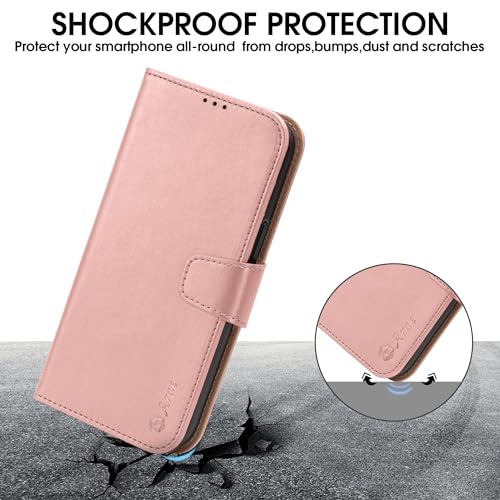 Arae Compatible with iPhone 15 Case with Card Holder and Wrist Strap Wallet Flip Cover for iPhone 15 6.1 inch,Rose Gold - Image 5