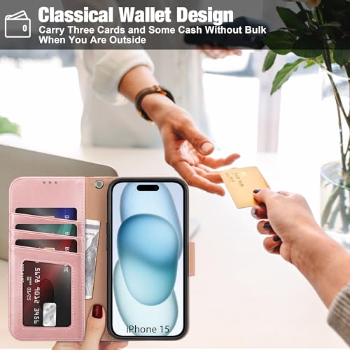 Arae Compatible with iPhone 15 Case with Card Holder and Wrist Strap Wallet Flip Cover for iPhone 15 6.1 inch,Rose Gold - Image 4