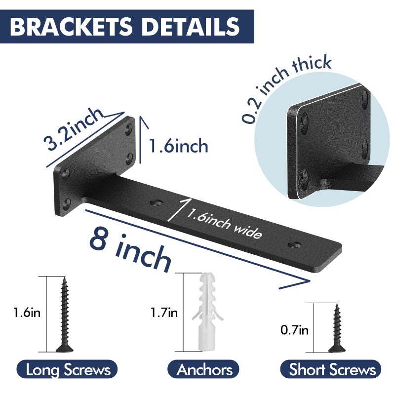 Starunder 6 Pack Floating Shelf Brackets, 8 inch Heavy Duty Industrial Shelf Bracket, Black Metal L Brackets for Shelves Support DIY(1/5 Inch Thicked) - Image 5