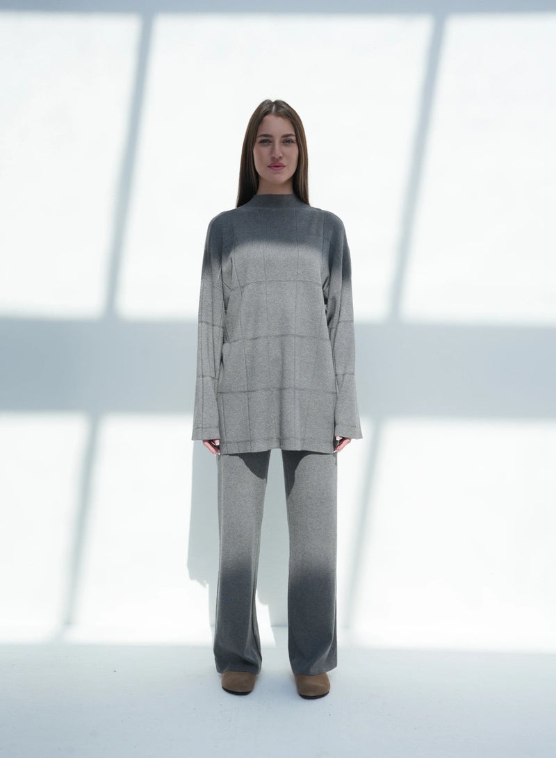 Andy 2316 | Women's Premium Knitwear Two-Piece Set – Long-Sleeve High-Neck Tunic Top with Relaxed Wide-Leg Trousers | Elegant & Versatile Outfit for Everyday Comfort and Style | Dark Grey