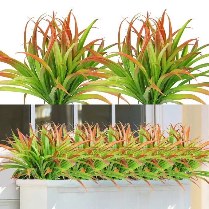6PCS ARTIFICIAL PLANTS GRASS OUTDOOR 16 IN FAKE PLANTS INDOOR UV RESISTANT ARTIFICIAL GRASS GREENERY STEMS FAUX BUSHES SHRUB PLANTS FOR HOME GARDEN PATIO HANGING PLANTER SUMMER DECOR
