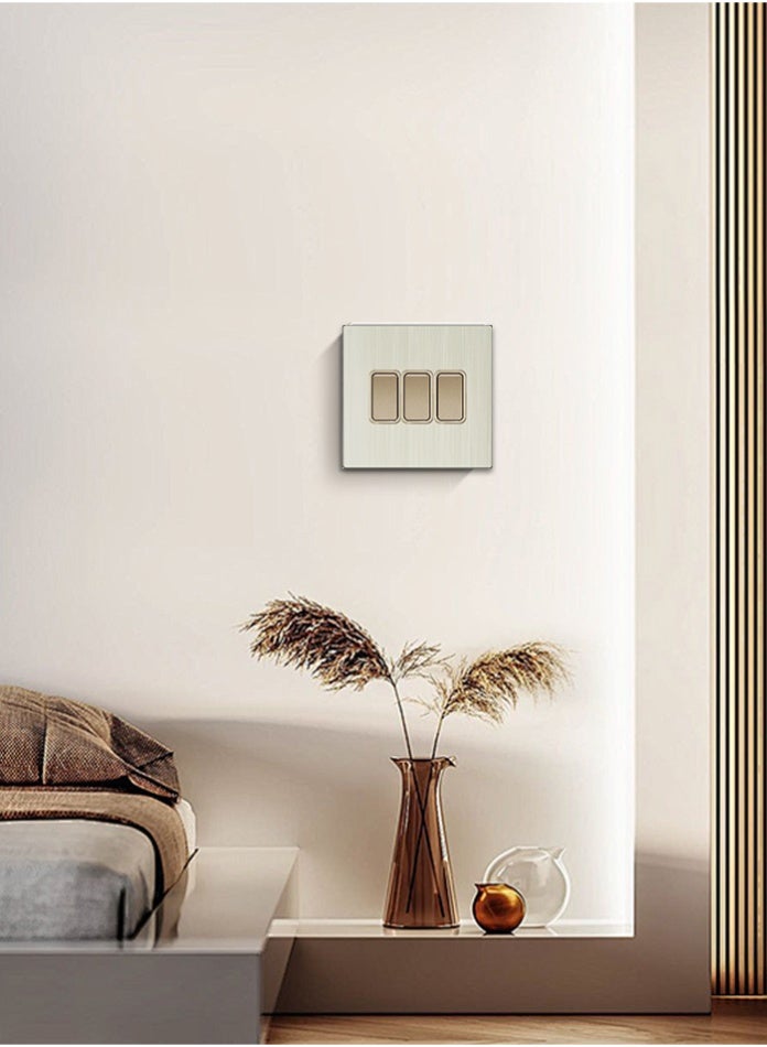 Vmax Small 3 Gang 2 Way Wall Light Switch | Triple Control | Modern Brushed Metal Finish | Durable & Safe Electric Switch for Home, Office & Commercial Use - Image 1