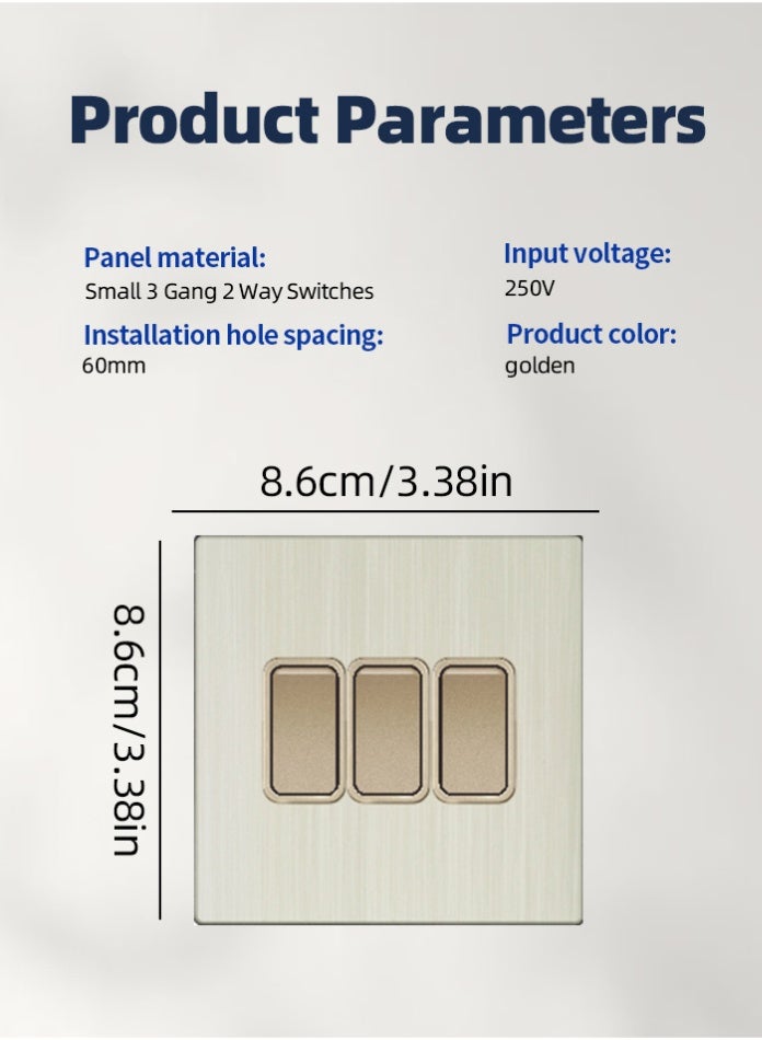 Vmax Small 3 Gang 2 Way Wall Light Switch | Triple Control | Modern Brushed Metal Finish | Durable & Safe Electric Switch for Home, Office & Commercial Use - Image 2