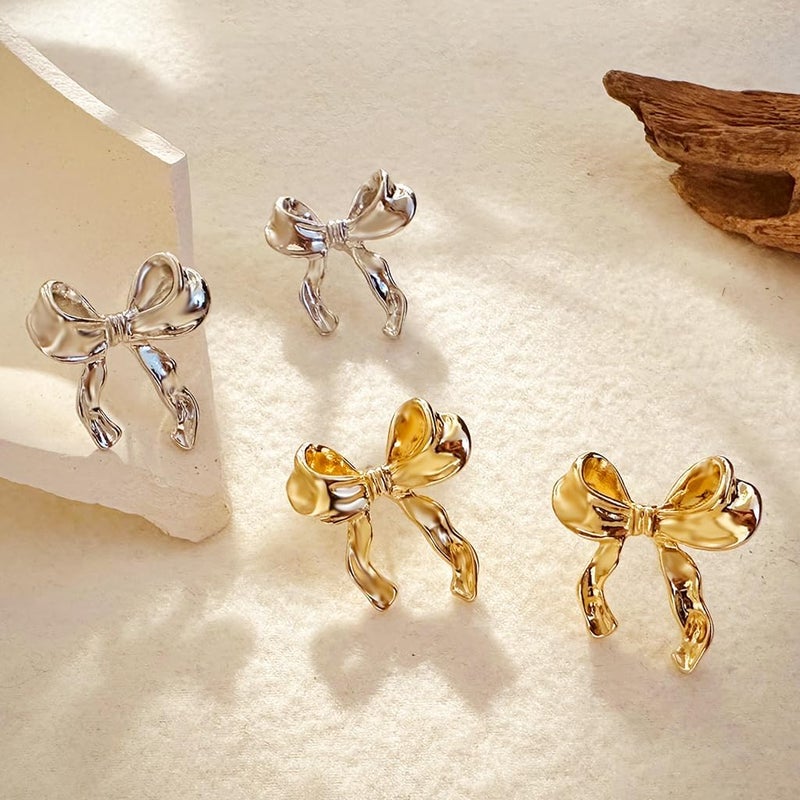 HANNEA® 2 Pairs Studs Earrings for Women Girls Metal Bow Earstuds Elegant Bowknot Studs Earrings Girls Jewelry Gift - Golden & Silver - Image 3