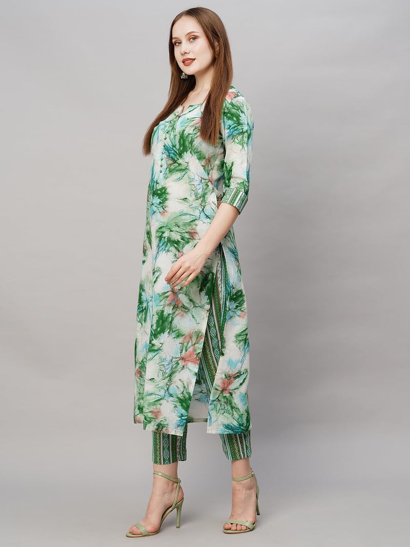 ANNI DESIGNER Women's Cotton Blend Printed Straight Kurta with Pant (PS-Green_L_Green_Large) - Image 3