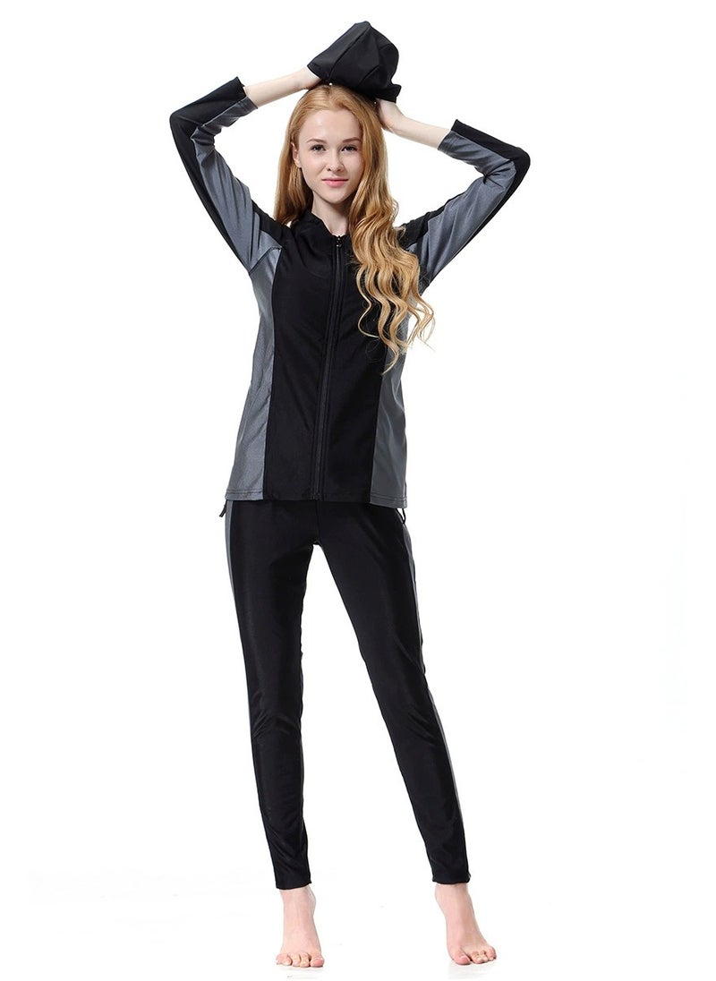 Loquat - 3-Piece Long Sleeve Muslim Conservative Islamic Swimwear Burkinis Swimsuit Set With Cap Black/Grey - Image 1