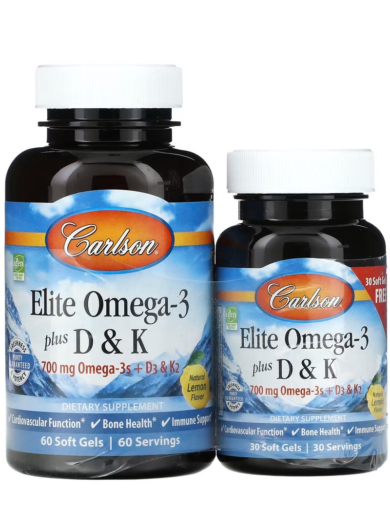 كارلسون‏ Elite Omega-3 Plus D & K نكهة الليمون الطبيعية 60 + 30 جيل ناعم حر - Image 1