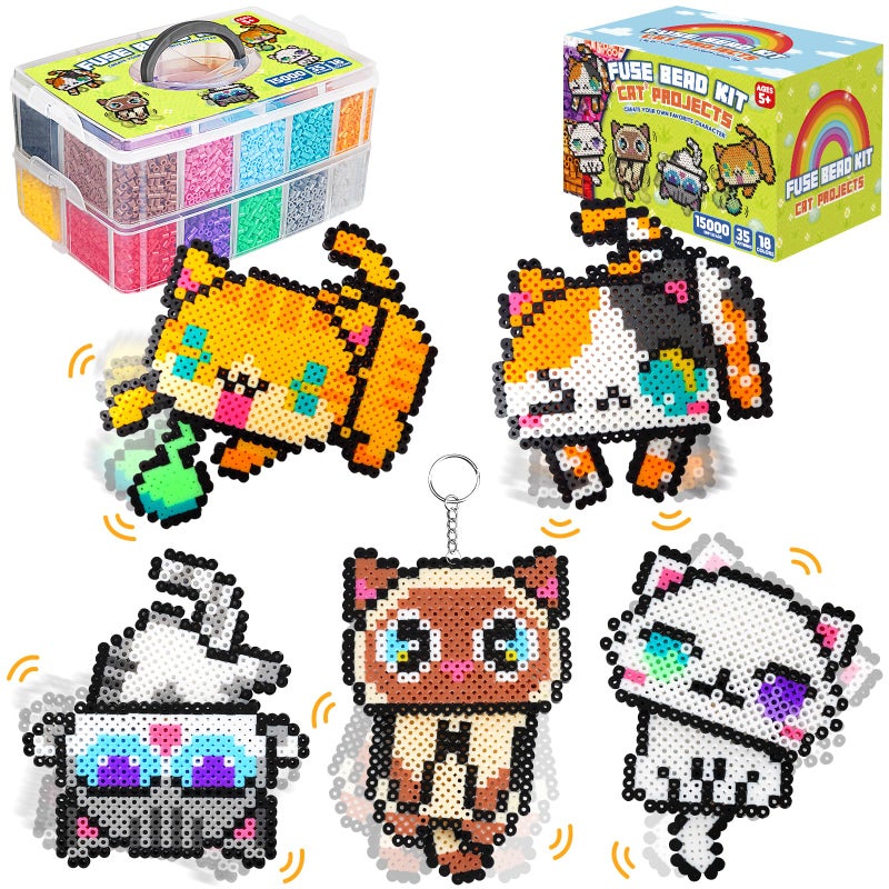 FUNZBO 15000 5mm Fuse Beads Kit - 18 Colors Fuse Beads Set with 5 Cat Patterns, Christmas Gifts for Kids, Home School Arts and Crafts Project, Art Decorations, Toys Gift Set for Girls and Boys Age 5+ - Image 1