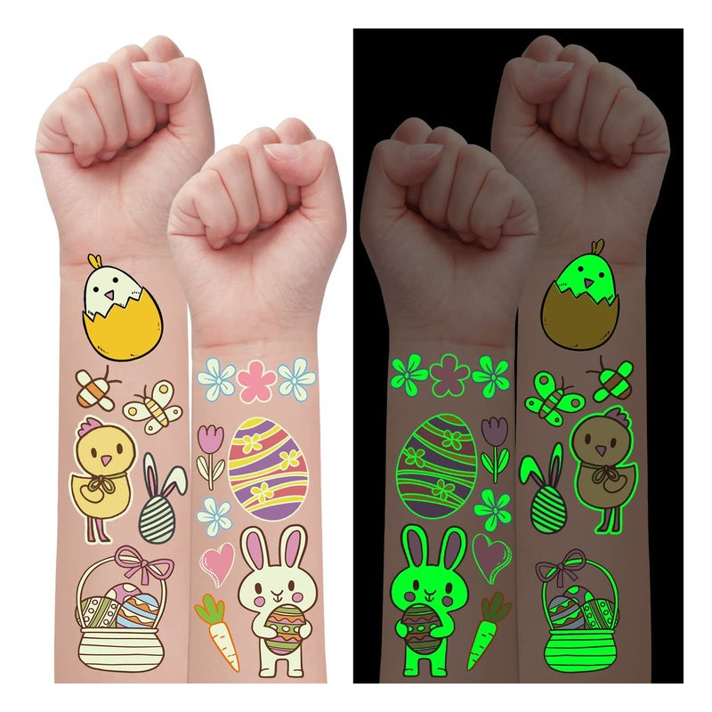 PARTYWIND Glow Easter Temporary Tattoos for Kids Party Decorations  40 Styles Luminous Easter Eggs Party Supplies Favors  Easter Tattoos Stickers (2 Sheets) - Image 1