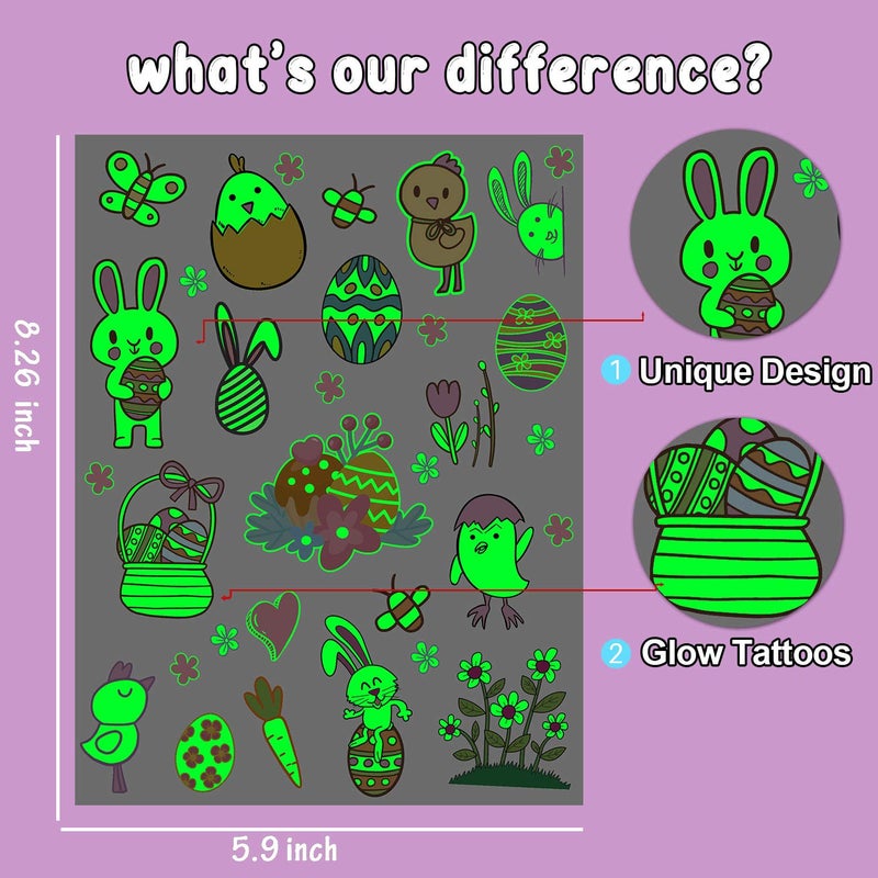 PARTYWIND Glow Easter Temporary Tattoos for Kids Party Decorations  40 Styles Luminous Easter Eggs Party Supplies Favors  Easter Tattoos Stickers (2 Sheets) - Image 2