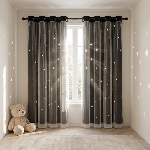 Kinryb Kids Blackout Curtains for Bedroom 84 Inch Long Curtain Mix and Match Curtain with White Sheer for Nursery Thermal Insulated Drape for Living Room 42" W x 84" L Black Set of 2 - Image 2