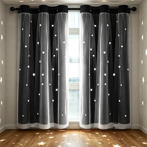 Kinryb Kids Blackout Curtains for Bedroom 84 Inch Long Curtain Mix and Match Curtain with White Sheer for Nursery Thermal Insulated Drape for Living Room 42" W x 84" L Black Set of 2 - Image 1