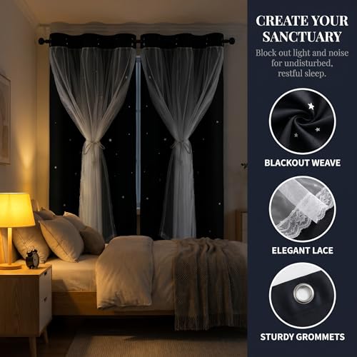 Kinryb Kids Blackout Curtains for Bedroom 84 Inch Long Curtain Mix and Match Curtain with White Sheer for Nursery Thermal Insulated Drape for Living Room 42" W x 84" L Black Set of 2 - Image 5