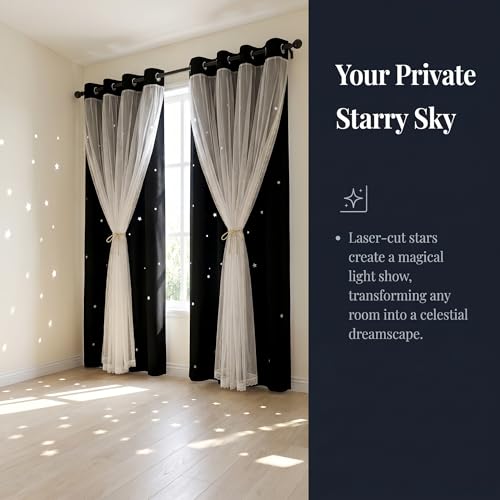 Kinryb Kids Blackout Curtains for Bedroom 84 Inch Long Curtain Mix and Match Curtain with White Sheer for Nursery Thermal Insulated Drape for Living Room 42" W x 84" L Black Set of 2 - Image 4