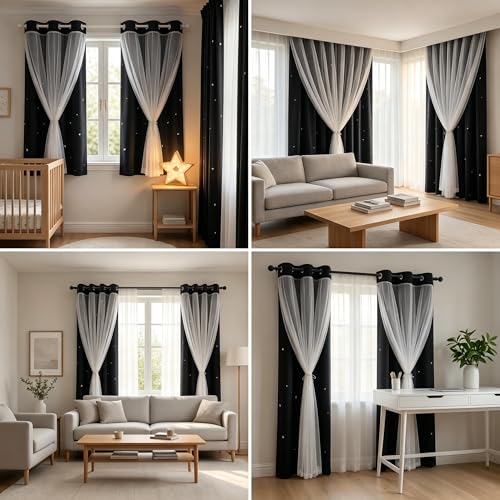 Kinryb Kids Blackout Curtains for Bedroom 84 Inch Long Curtain Mix and Match Curtain with White Sheer for Nursery Thermal Insulated Drape for Living Room 42" W x 84" L Black Set of 2 - Image 3