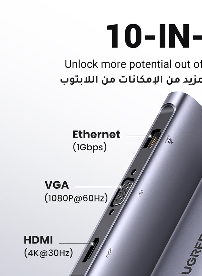 Ugreen USB C Hub 10 in 1 Type C Hub with Ethernet 4K USB C to HDMI VGA PD Power Delivery 3 USB 3.0 Ports USB C to 3.5mm SD/TF Cards Reader for MacBook Pro/Air iPad Pro - Image 2